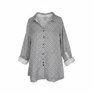 Catherines 4X Black White Geometric Button Down Tunic Top Polka Dot Trim